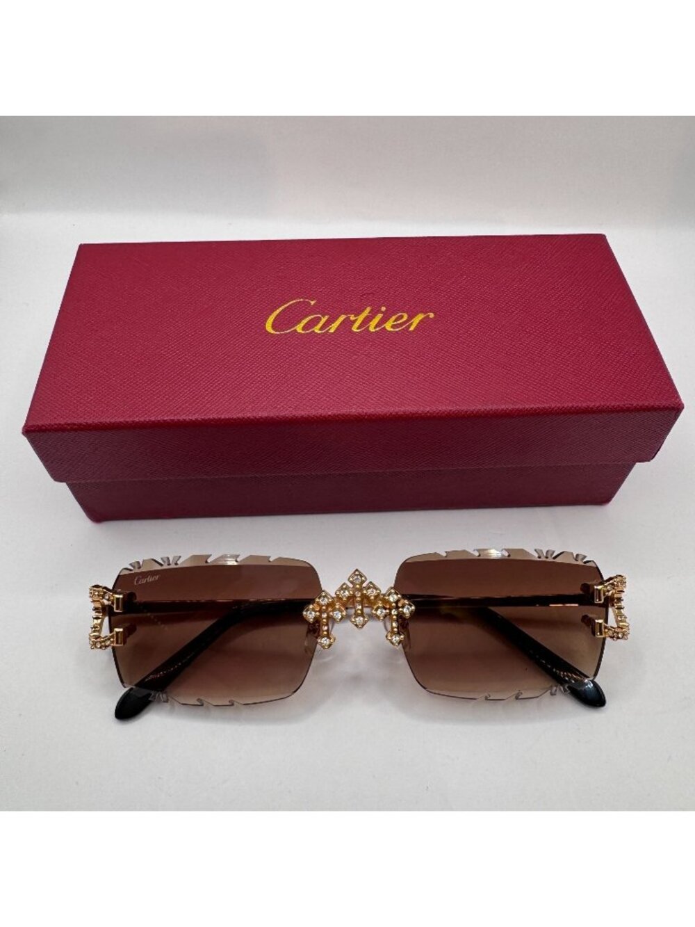 Cartier Buffs Brown Diamond Cut Lens Sunglasses Triple Cross